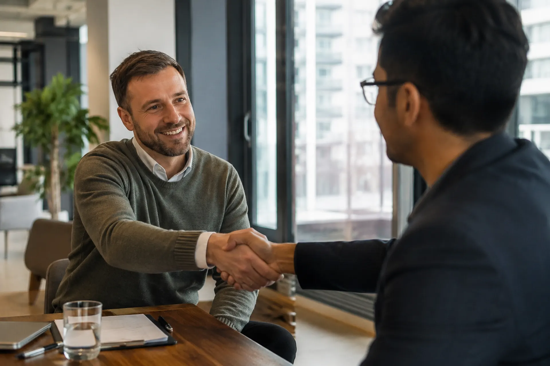 Two professionals shaking hands across a table in a modern office.